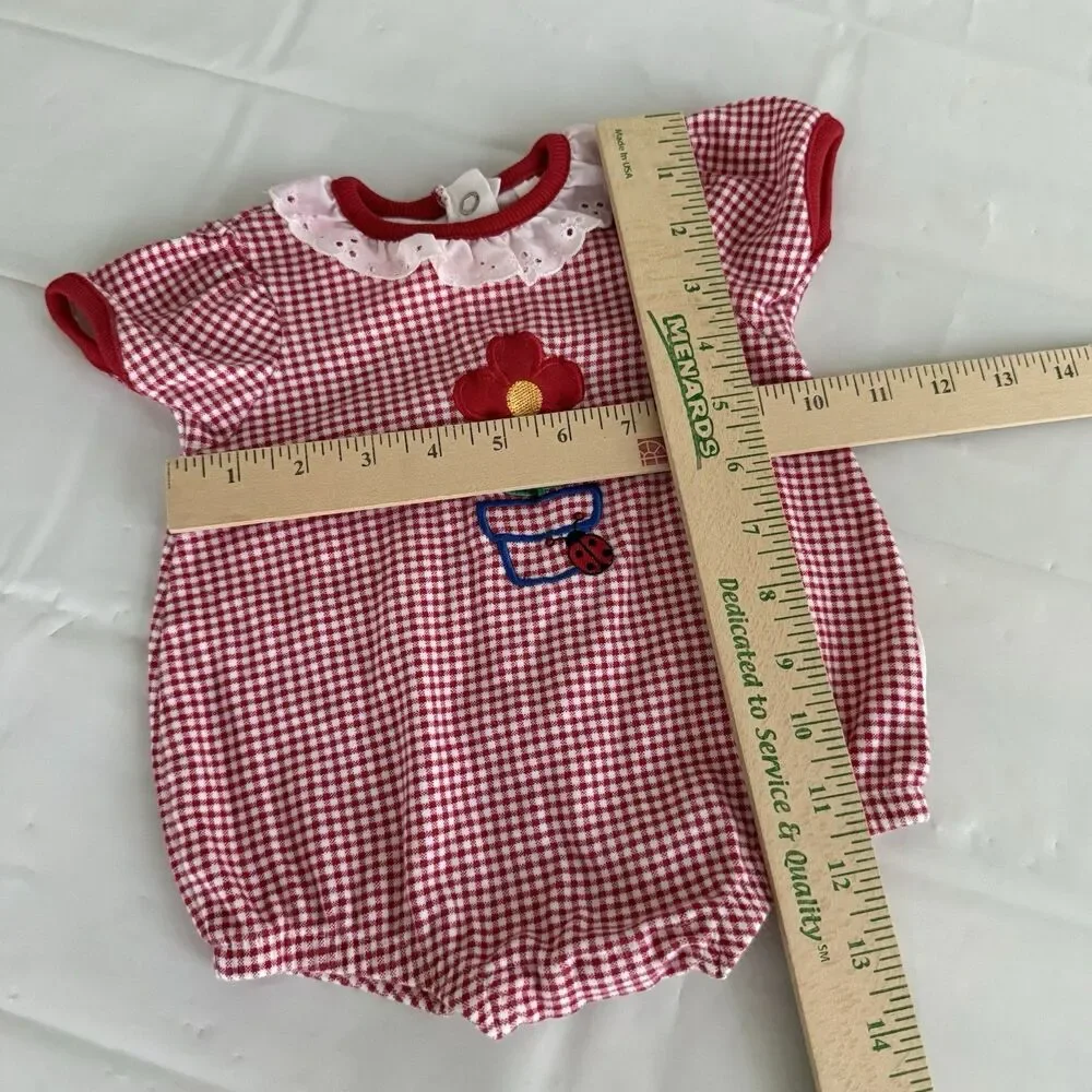 Vintage Healthtex Romper 3-6M Flower Ladybug Appliqué Red & White Gingham Cotton